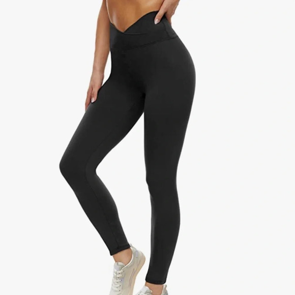 NWT! Women’s tummy control high cross waist black leggings, Small - Picture 1 of 4